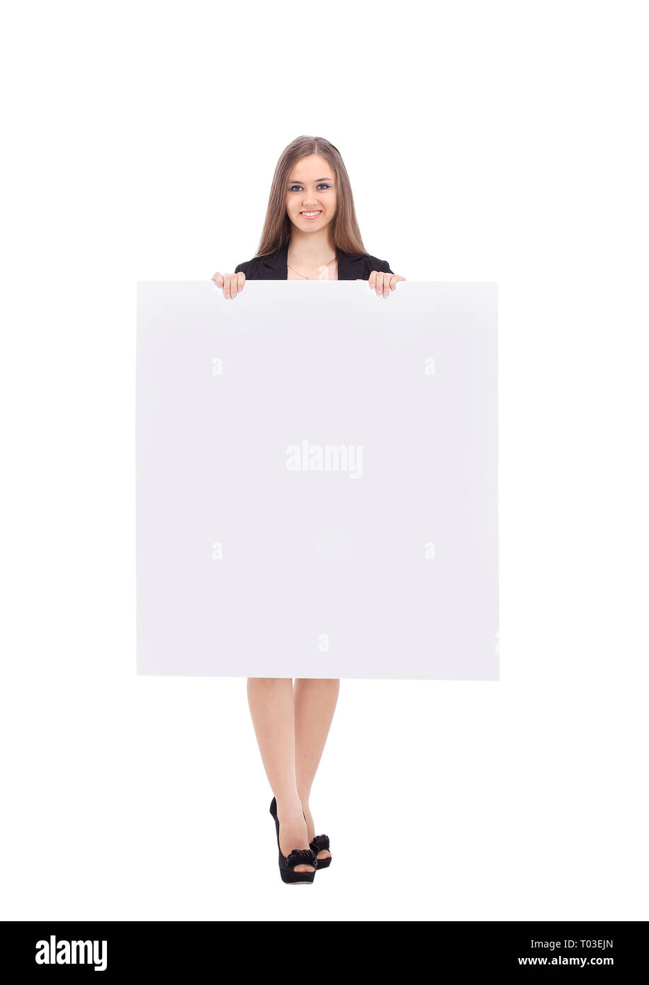 young business woman showing blank poster. isolated on a white Stock ...