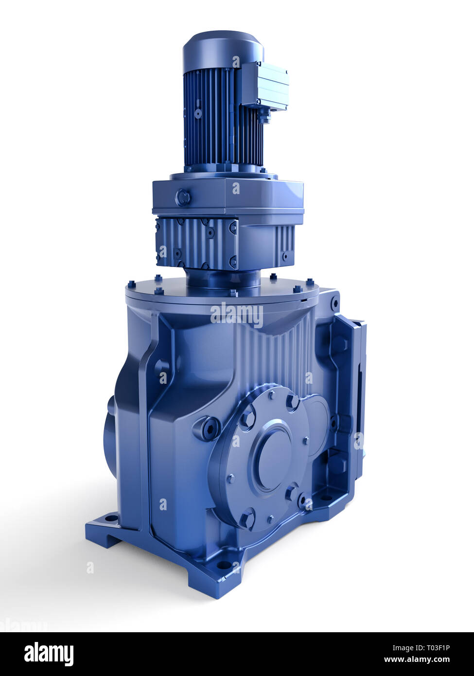 3D render of industrial electrical motor in blue housing on white Stock Photo