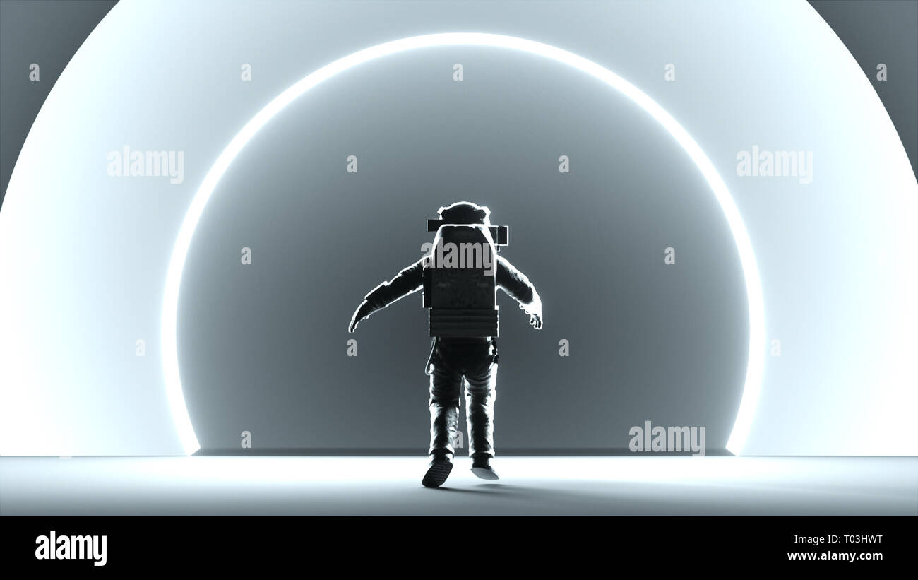 Astronaut in white modern scaphandre go in the space, 3d render background, computer generated backdrop Stock Photo