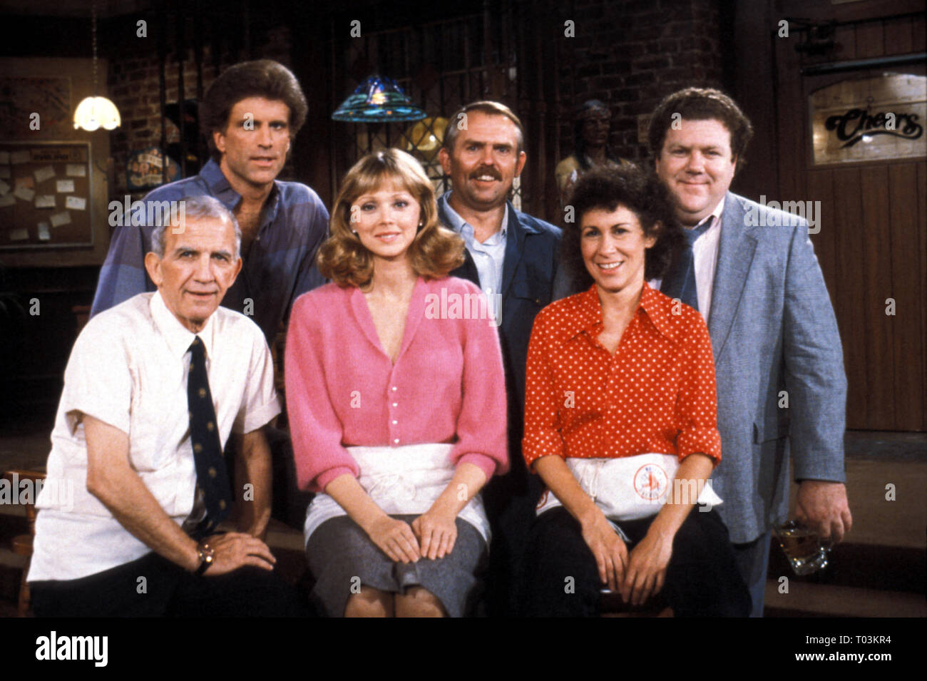 NICHOLAS COLASANTO, TED DANSON, SHELLEY LONG, JOHN RATZENBERGER, RHEA PERLMAN, GEORGE WENDT, CHEERS, 1982 Stock Photo