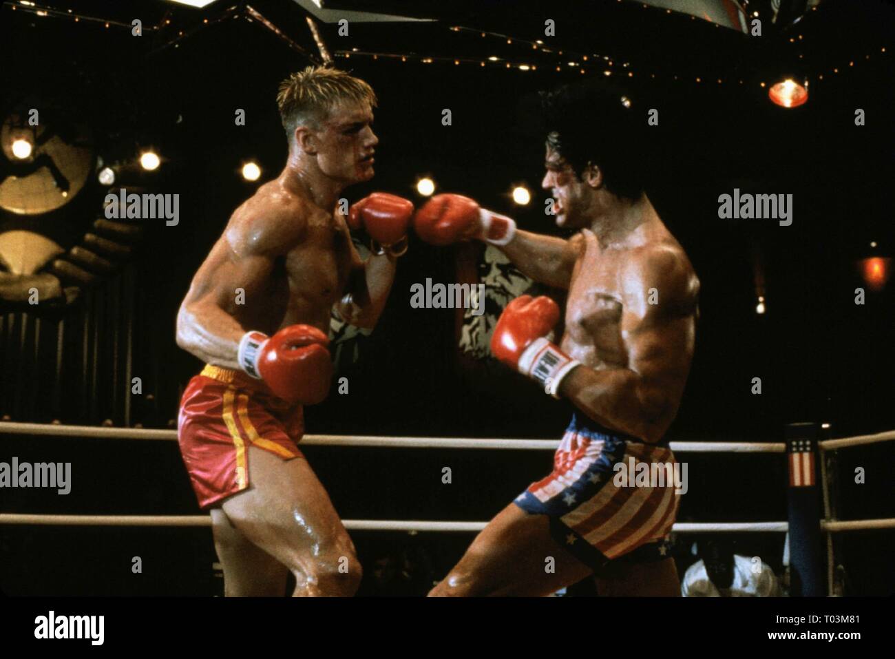 DOLPH LUNDGREN, SYLVESTER STALLONE, ROCKY IV, 1985 Stock Photo