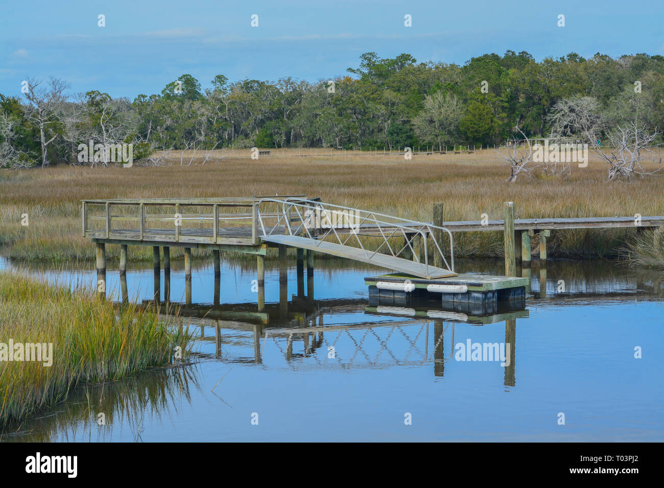 A foot bridge to a dock on the inter coastal in Townsend, Mcintosh county, Georgia USA Stock Photo