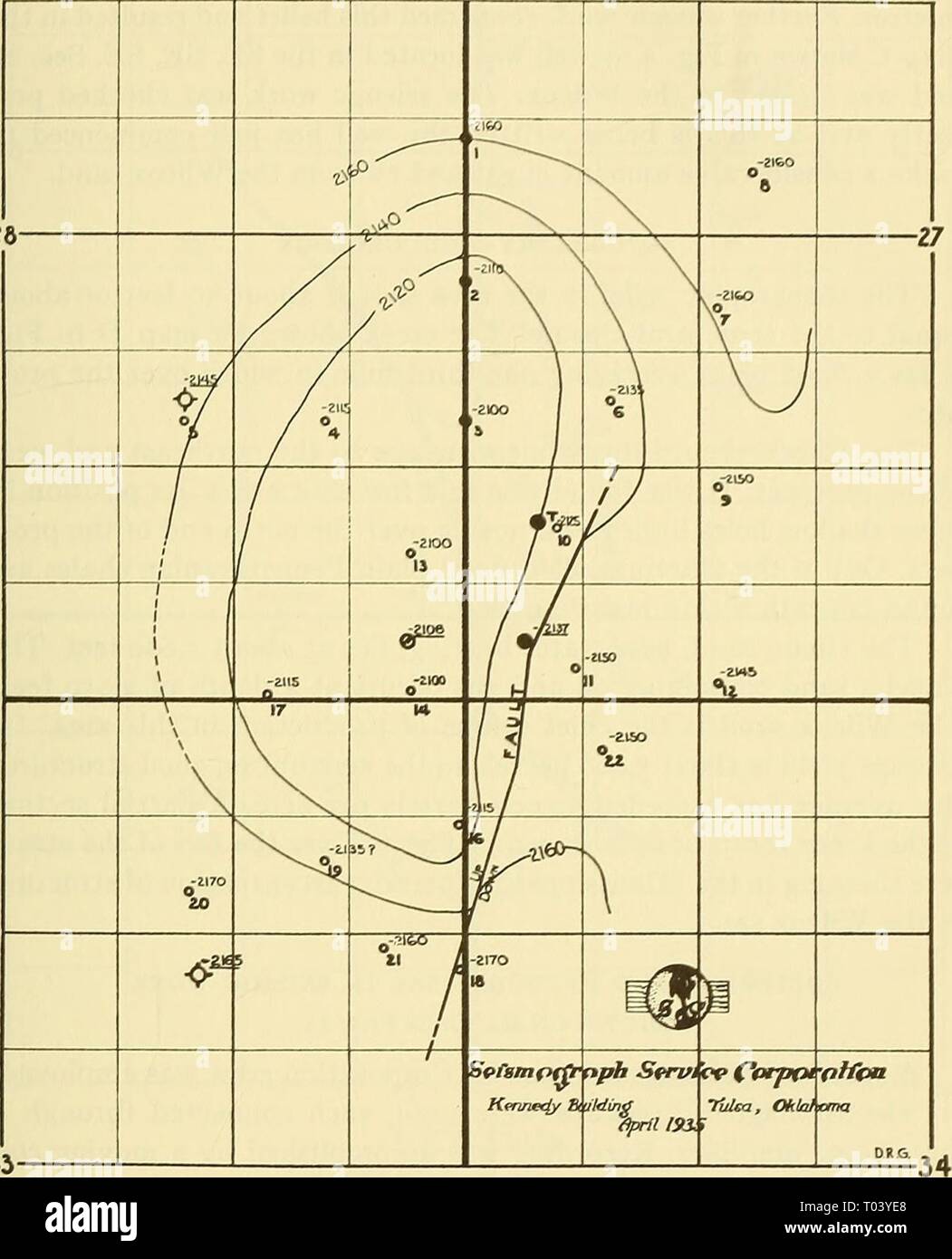 Early geophysical papers of the Society of Exploration Geophysicists . earlygeophysical00soci Year: 1947  DISCOVERY BY REFLECTION SEISMOGRAPH 47 L.LC0. So. Oklahoma Central Area tI5n rMe Okmulgee Co. Okla.    Map C LEGEND 6â¢ Shot point with seismic Viola datum -1145 Actual Viola datun â¢T Pemsylvanian Taneha sand producing well â¢ Wilcox sand producing well â¢ Drilling well â $- Dry hole Fig. 3 291 Stock Photo