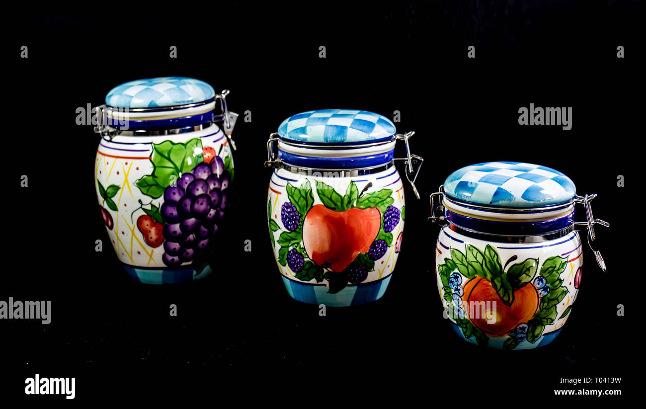Three Kitchen Ceramic Containers Stock Photo Alamy