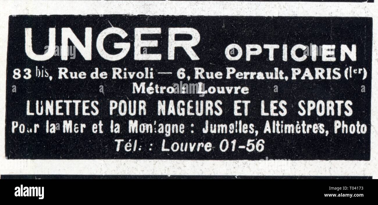 Publicité ancienne. Unger opticien. 13 juin 1936 Stock Photo