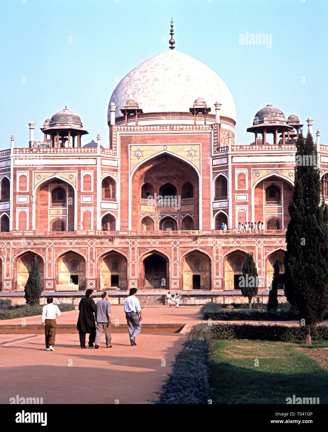 View of the Tomb of Humayun with local people in the foreground, Delhi, Delhi Union Territory, India. Stock Photo