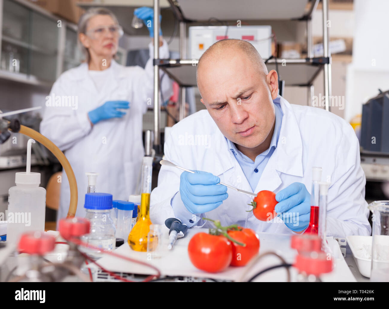Scientist checking fruits and vegetables for harmful elements ...
