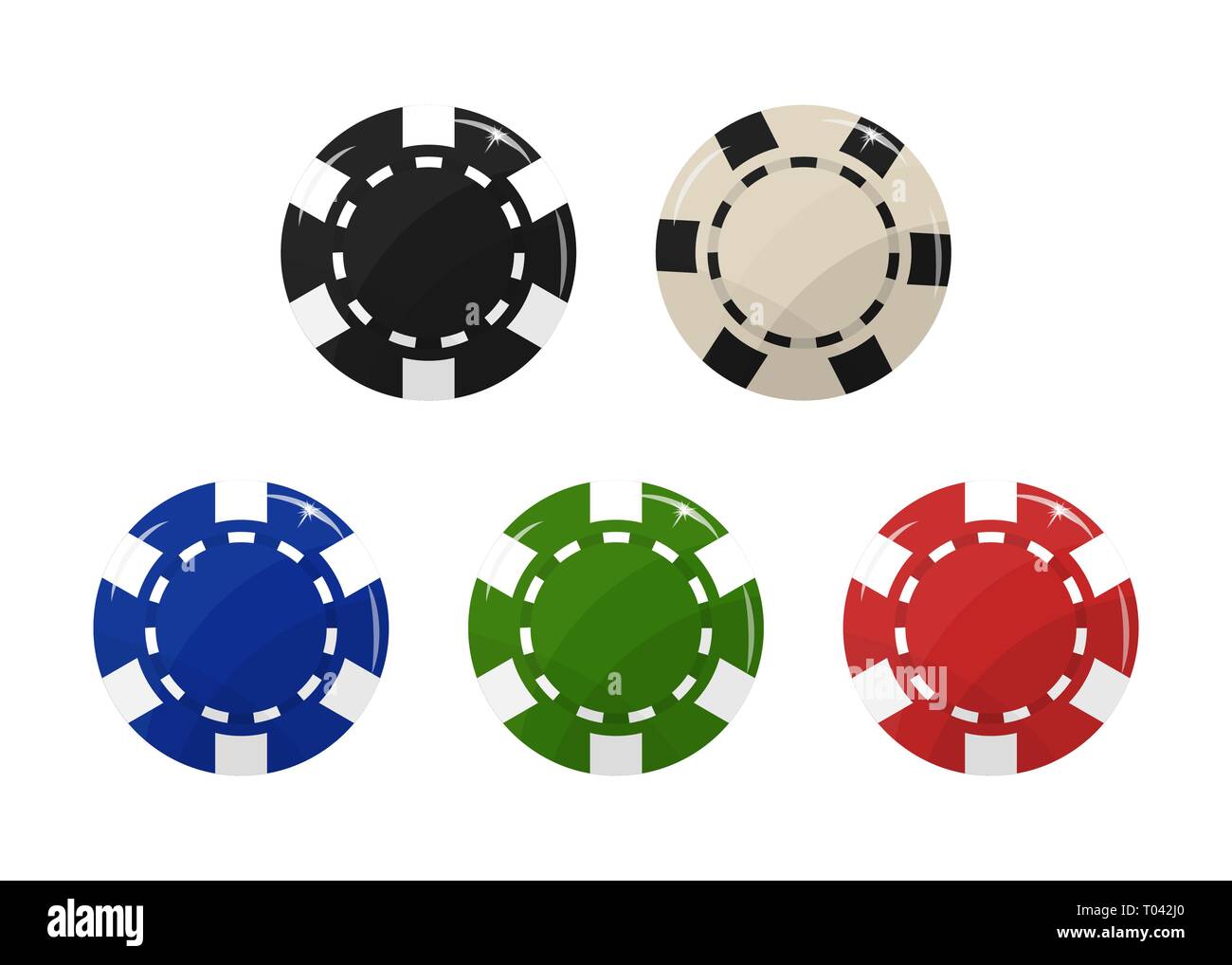 Casino chip set. Black, blue, red, green and white Vector illustration