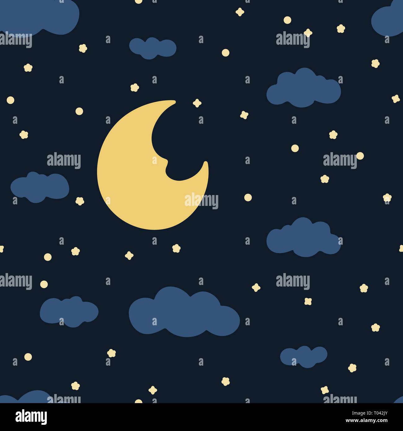 Night sky. Seamless pattern background. Vector illustration. Moon, clouds and stars. Sweet dreams Stock Vector