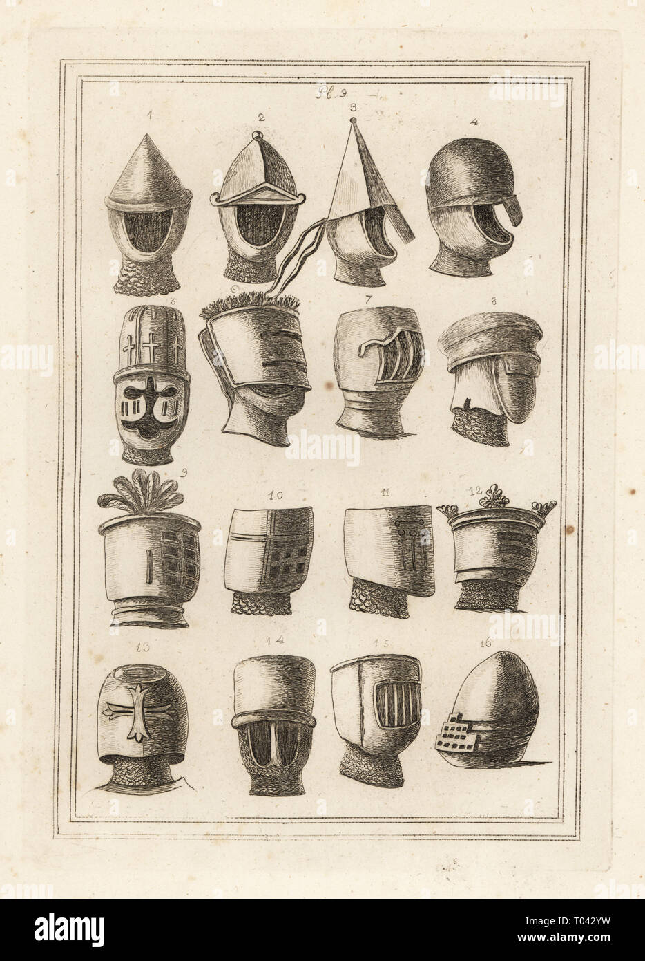 Helmets from the great seals of kings and barons. William the Conqueror 1,2, William Earl of Mellent 3, son of Richard I 4, Duke of Normandy 5, Richard I 6,  Ferdinand III 7, Alexander II 8, Alexander III 9, John Earl Warren 10, Robert de Ghisnes 11, King Edward I 12, Hughes Vidame de Chalons 13, Raoul de Beaumont 14, Earl of Cornwall 15 and Edward III’s son Edward 16. Copperplate engraving from Francis Grose's Military Antiquities respecting a History of the English Army, Stockdale, London, 1812. Stock Photo