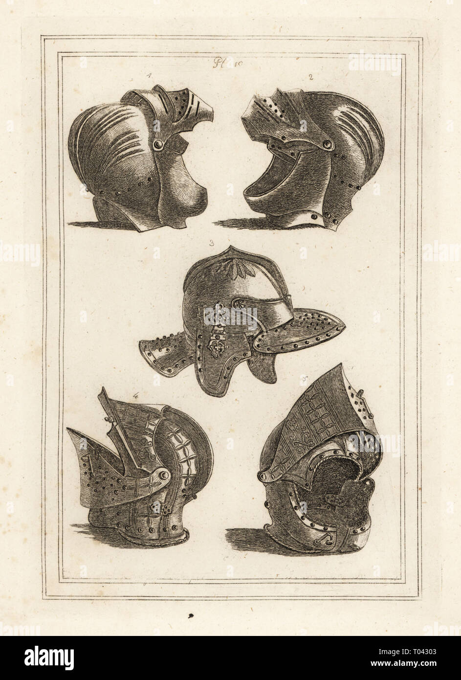 Helmet of John de Courcy, Earl of Ulster 1,2, Oliver Cromwell’s headpiece 3, tilting helmet 4,5. Copperplate engraving from Francis Grose's Military Antiquities respecting a History of the English Army, Stockdale, London, 1812. Stock Photo