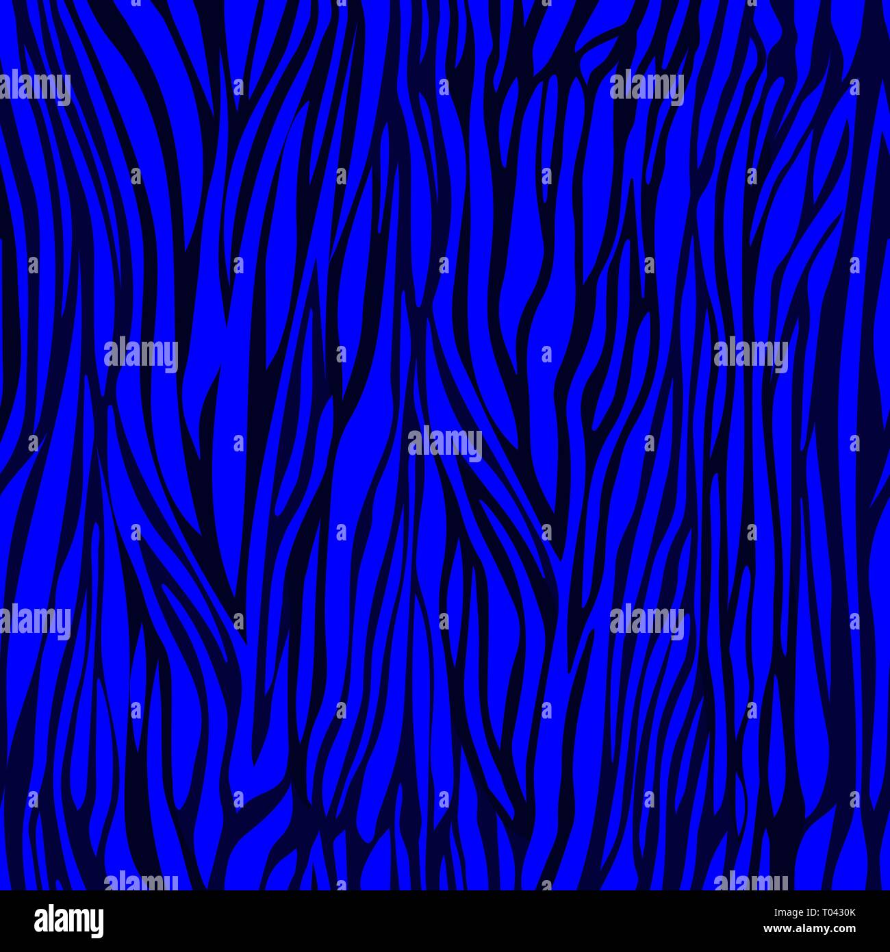 Zebra skin seamless pattern, animal texture, animalistic ornament, abstract waves tracery, vector background. Chaotic black blue stripes on indigo bac Stock Vector