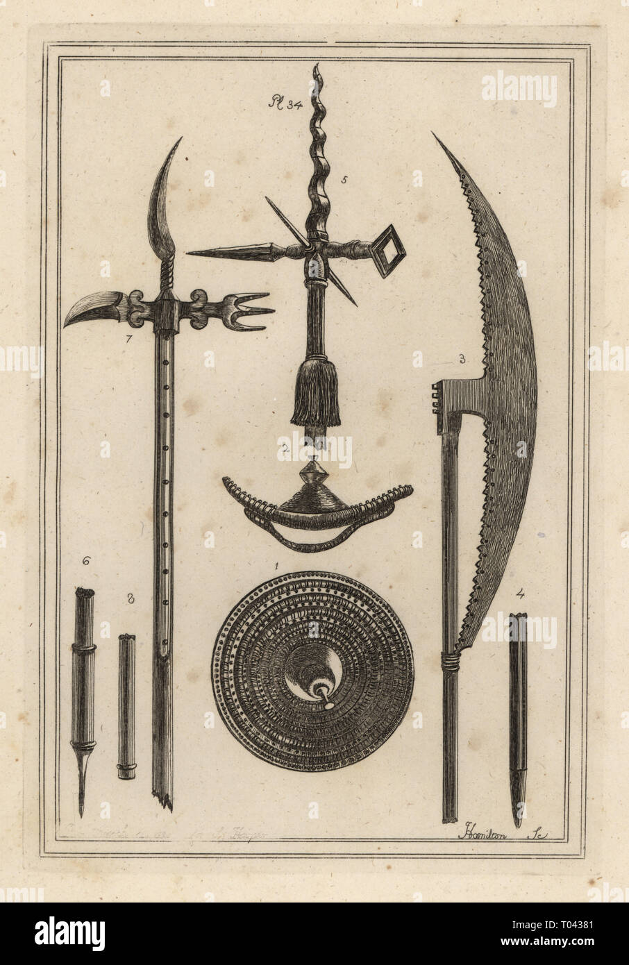 Concave roundel 1,2, battle axe 3,4, pole axe 5,6, and curious ancient weapon used by the English against the Scots 7,8. Copperplate engraving by J. Hamilton from Francis Grose's Military Antiquities respecting a History of the English Army, Stockdale, London, 1812. Stock Photo
