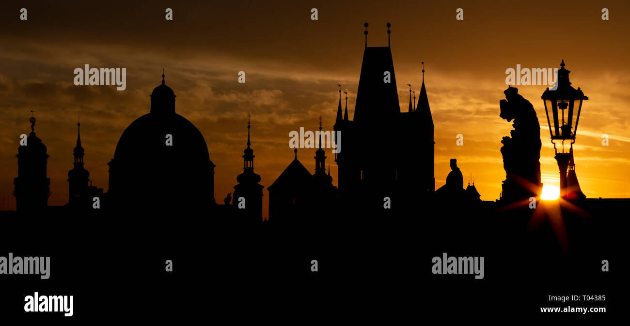 Praghe - The Charles bridge silhouette at the sunrise. Stock Photo