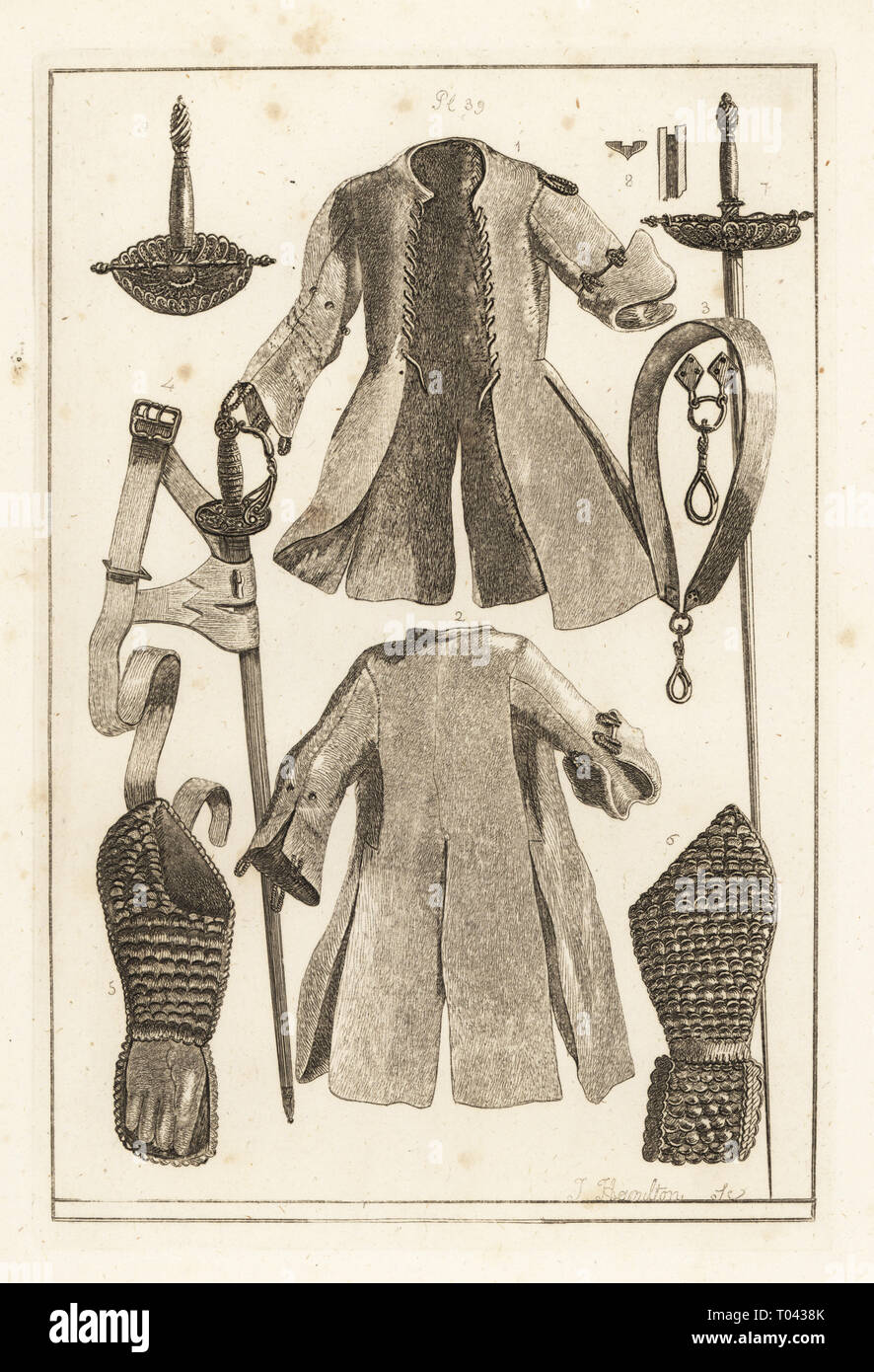 Buff coat 1,2, buff belt 3, gilt-silver sword hilt 4, buff arm-piece and  glove 5,6, toledo sword 7, blade and scabbard 8, and hilt 9. Copperplate  engraving by J. Hamilton from Francis