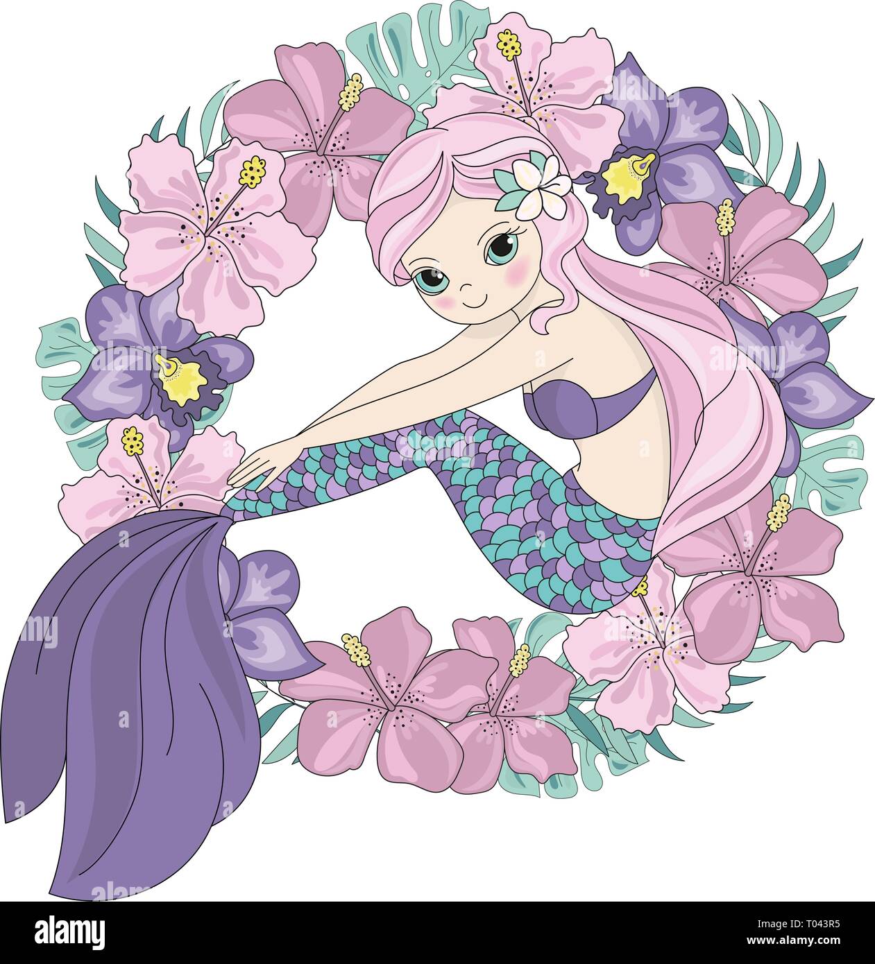 CUTIE Mermaid Princess Cartoon Tropical Summer Flower Wreath Vector  Illustration Set for Print Fabric and Decoration Stock Vector Image & Art -  Alamy