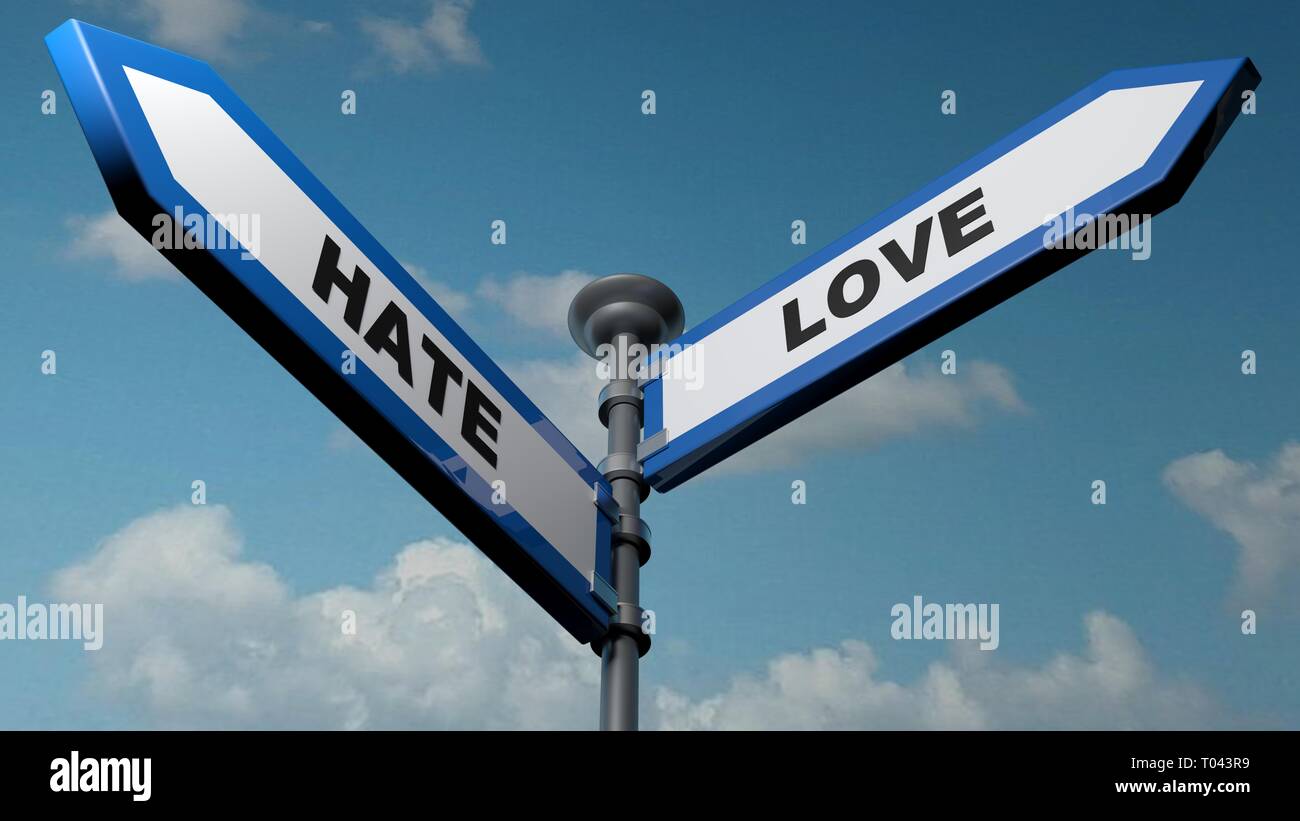 Hate - Love street arrow signs concept - 3D rendering illustration Stock Photo