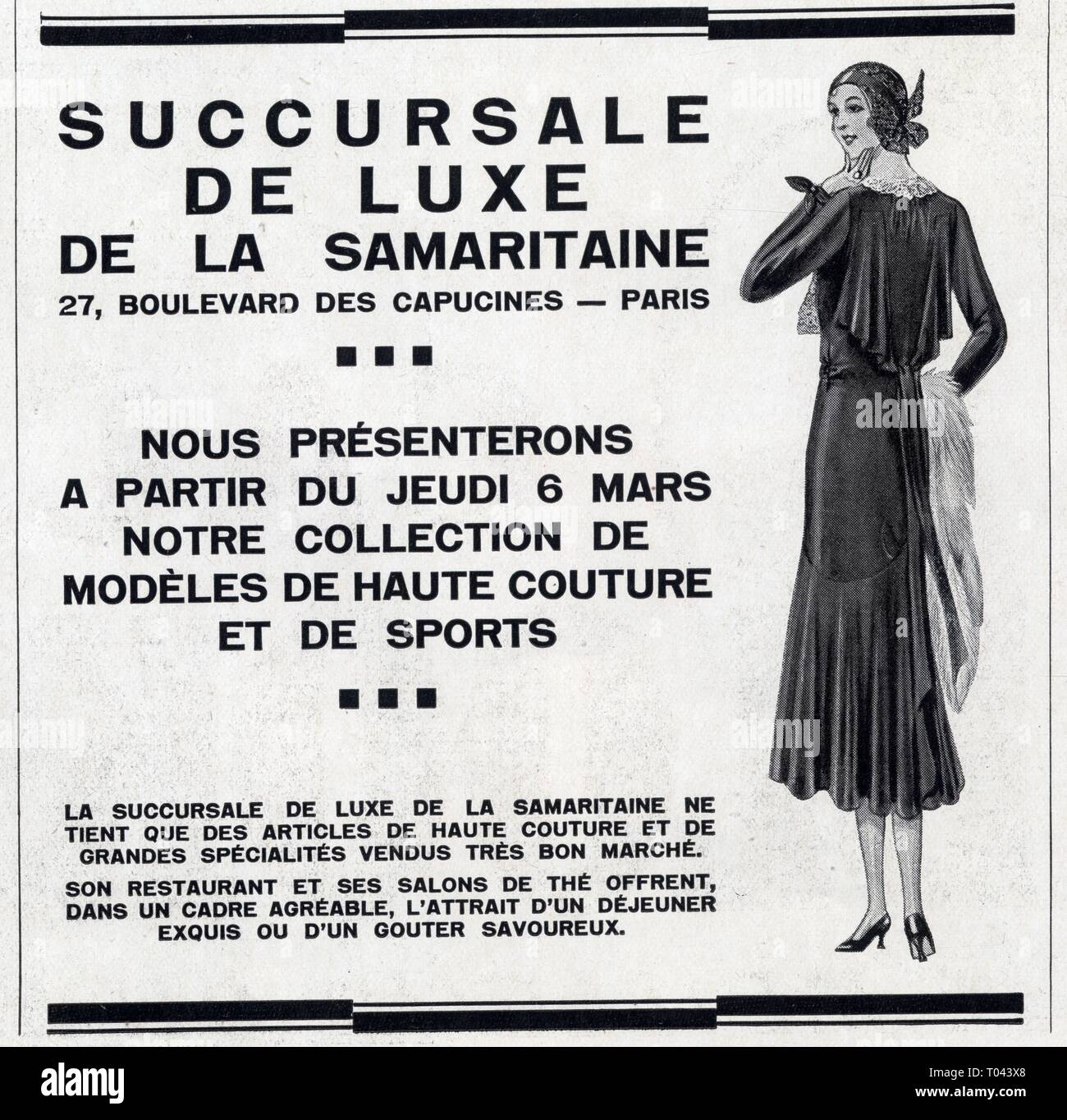 Publicité ancienne. 1 mars 1930. Collection de modèles de haute couture et de sports Stock Photo