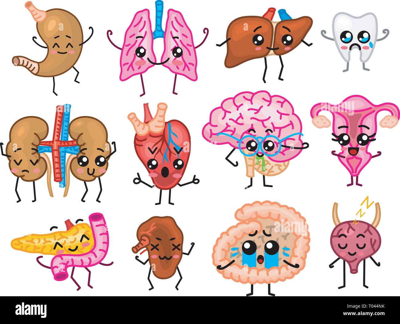 Set of organs. Cute happy human, smiling characters. Vector pins, cartoon kawaii icons. Healthy heart, intestine, pancreas, brain, stomach, liver Stock Vector