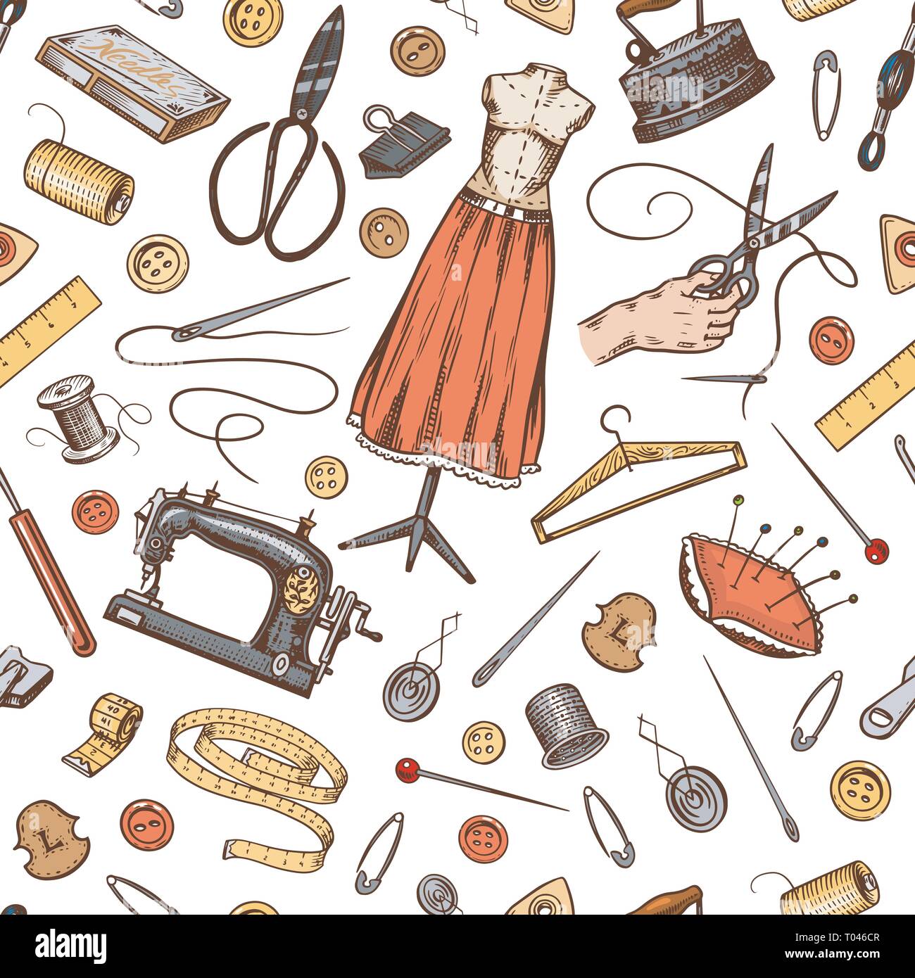 Seamless pattern with sewing & embroidery tools. Background with sewing  tools and colored tape. Scissors, bobbins with thread and needles. Hand  drawn vector illustration Stock Vector