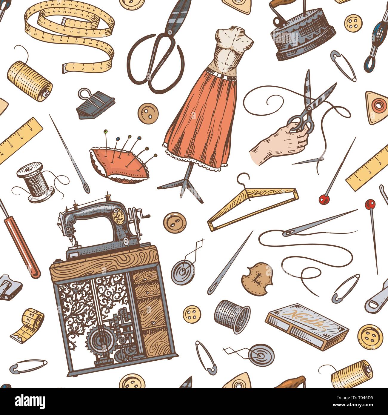 Sewing Seamless pattern. Tools and elements or materials for needlework.  Tailor shop for badges labels. Thread and needle, mannequin. Engraved hand  Stock Vector Image & Art - Alamy