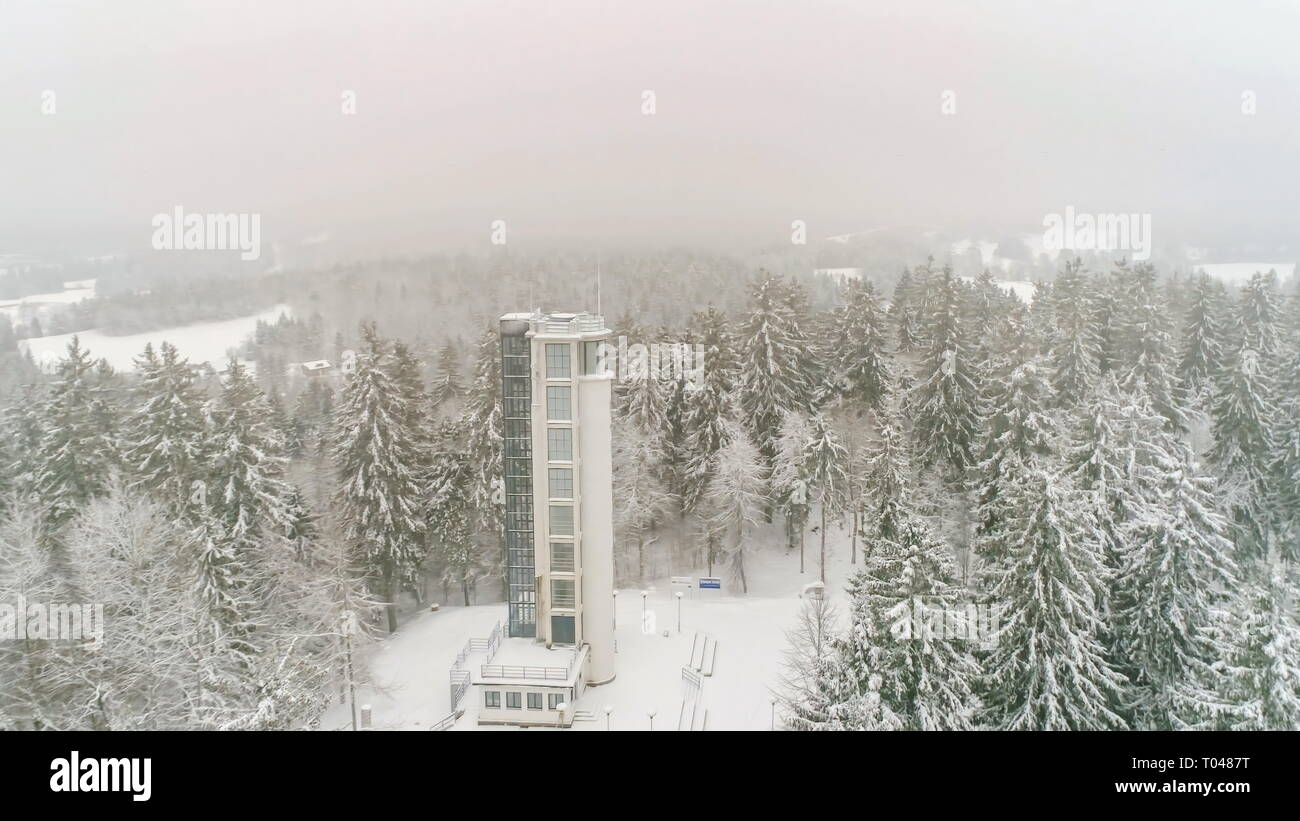 A tall tower in the middle of the forest in Suur-Munamagi during winter where the highest peak mountain in Estonia is being covered with thick white s Stock Photo