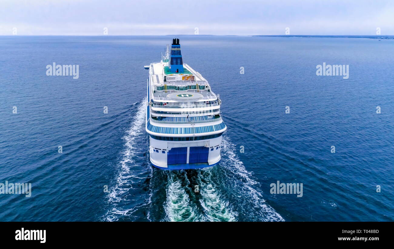 The big cruise ship on the ocean in Tallin the ship navigating the big ocean with some passengers on it Stock Photo