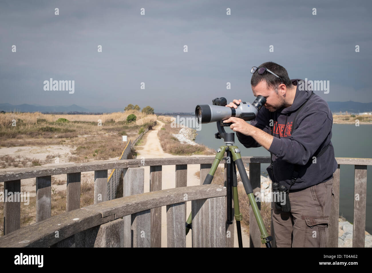 Birdwatcher looking through a telescope. Natural Areas of the Llobregat Delta. Barcelona province. Catalonia. Spain. Stock Photo