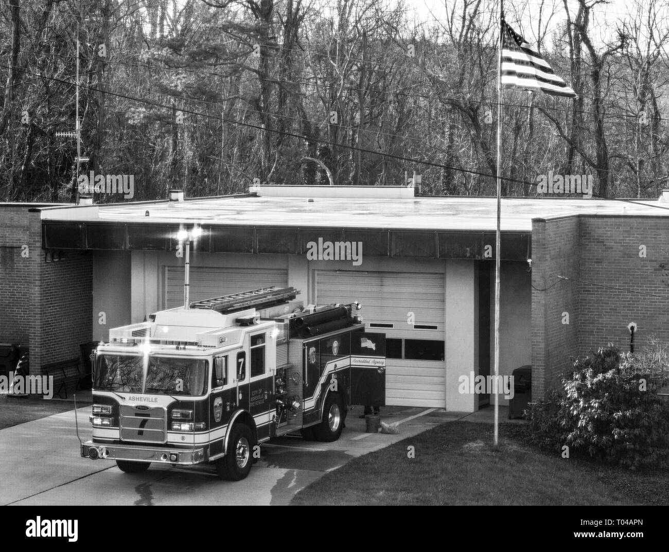 Engine #7 is readied for action in the early morning at a fire station in Asheville, North Carolina, USA Stock Photo