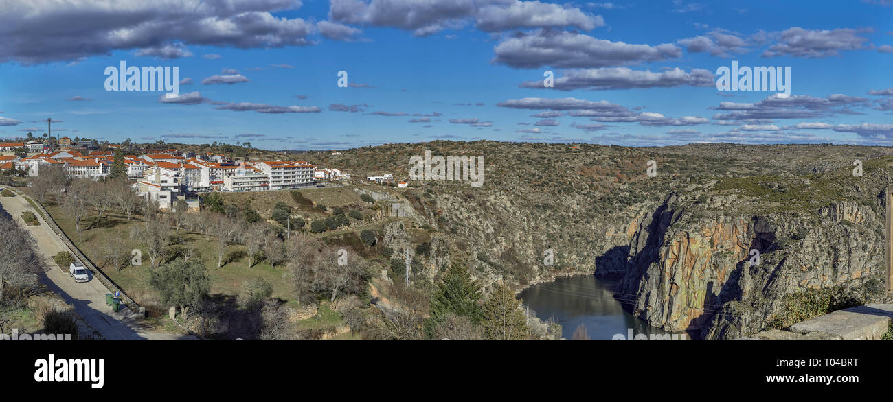 View panoramic of town of Miranda do Douro and the river Duero, Portugal, Europe Stock Photo