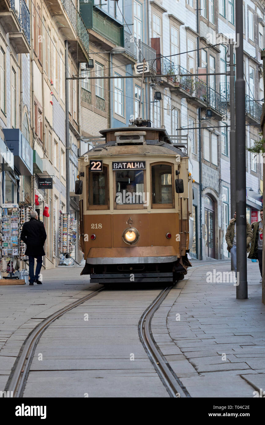 Traditional tram in Porto (Portugal). Stock Photo