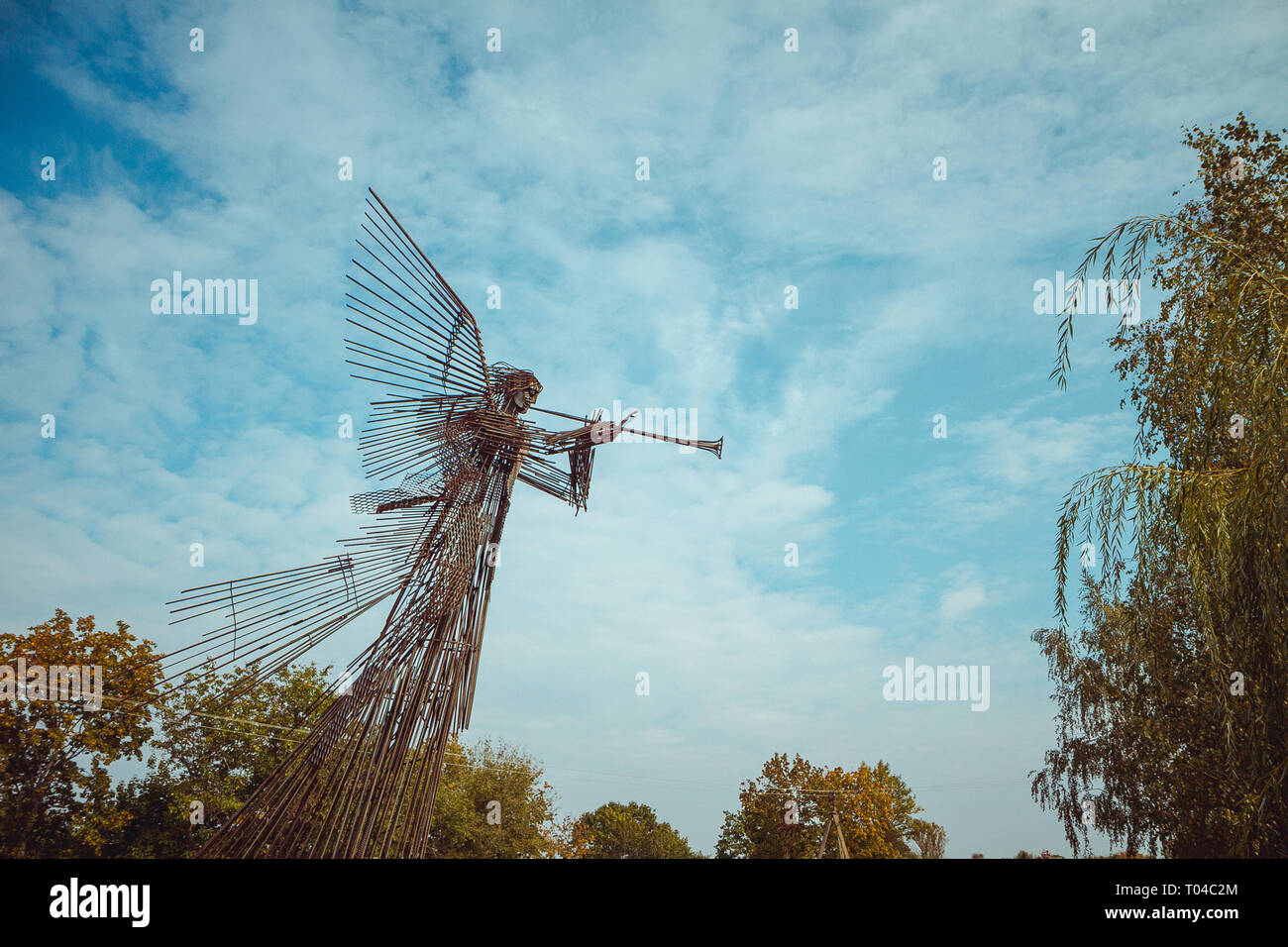 Memorial complex Star Wormwood. Sculpture Trumpeting Angel in Chornobyl exclusion zone. Radioactive zone in Pripyat city - abandoned ghost town Stock Photo