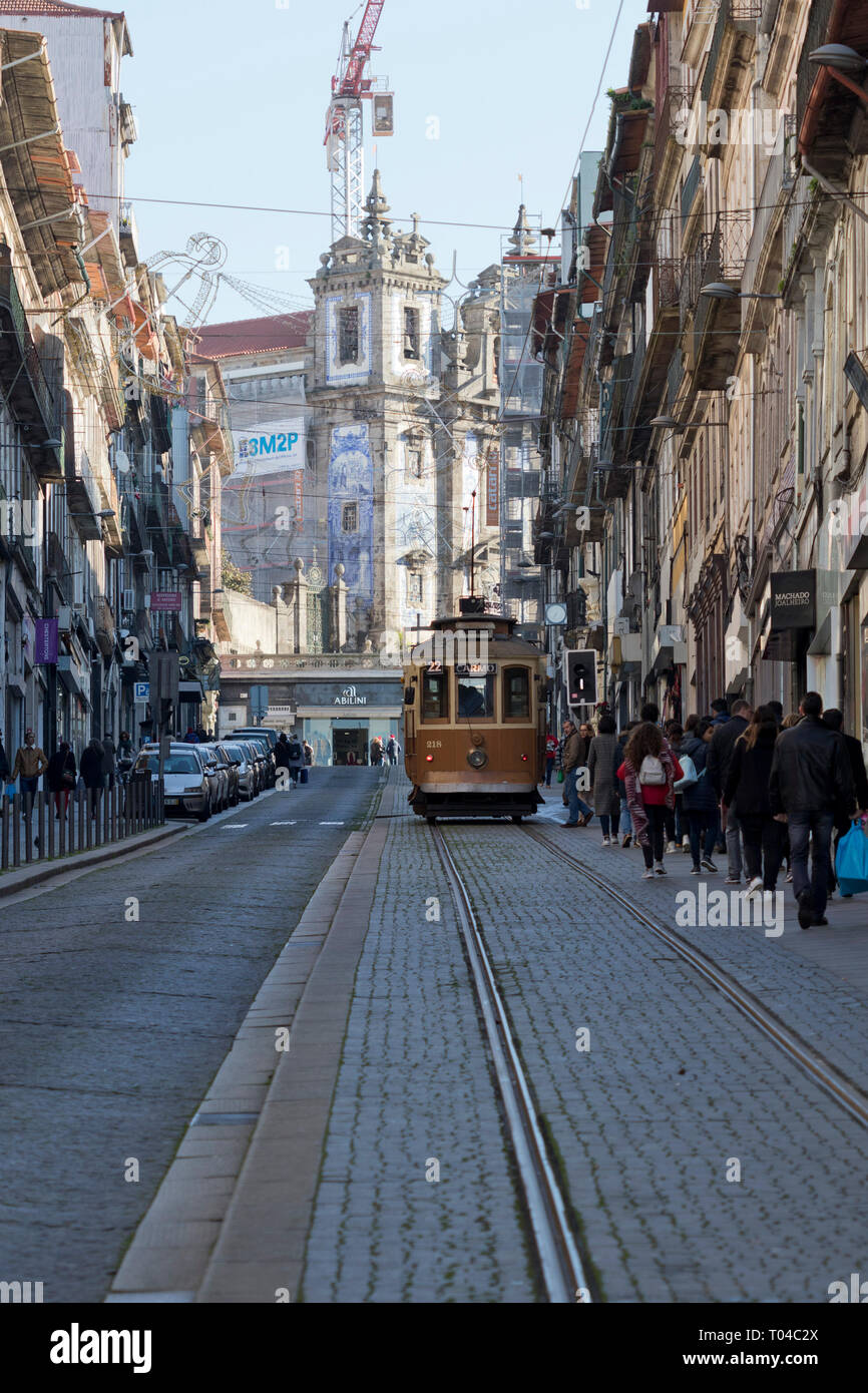 Tram in Rua de 31 de Janeiro in Porto (Portugal). Stock Photo