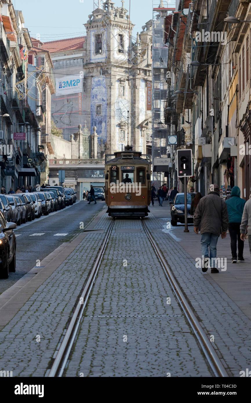 Perspective image of a tram in Rua de 31 de Janeiro in Porto (Portugal). Stock Photo
