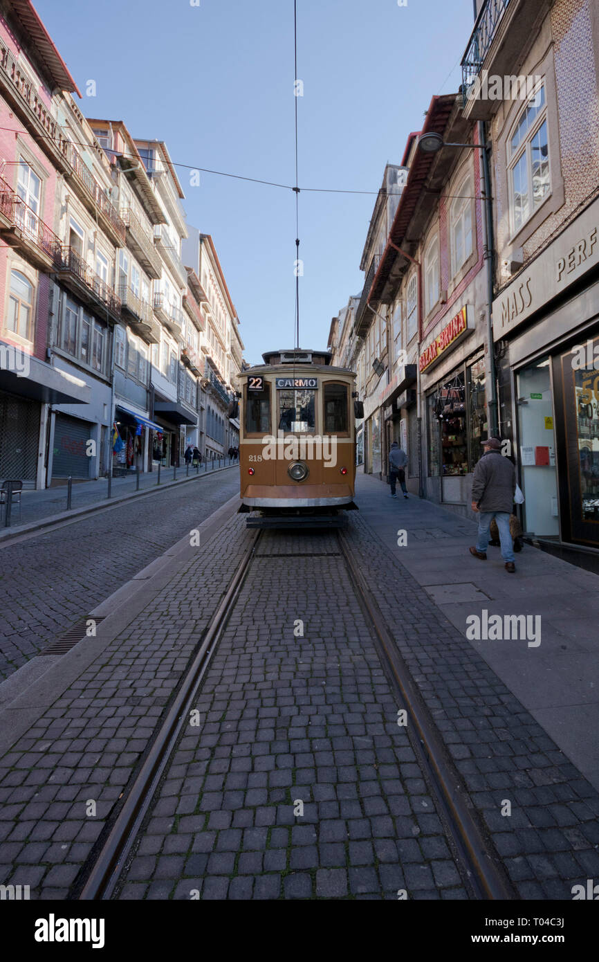 Perspective view of traditional tram in Porto (Portugal). Stock Photo