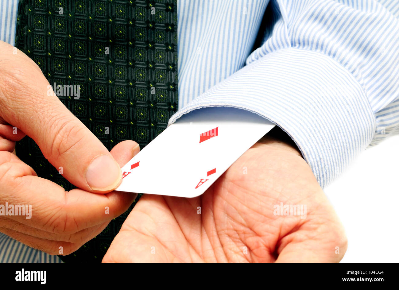 man in shirt and tie showing an ace out from his sleeve, idiomatic  expression for: ace up your sleeve Stock Photo - Alamy