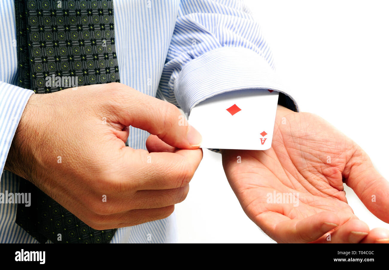 man in shirt and tie showing an ace out from his sleeve, idiomatic  expression for: ace up your sleeve Stock Photo - Alamy