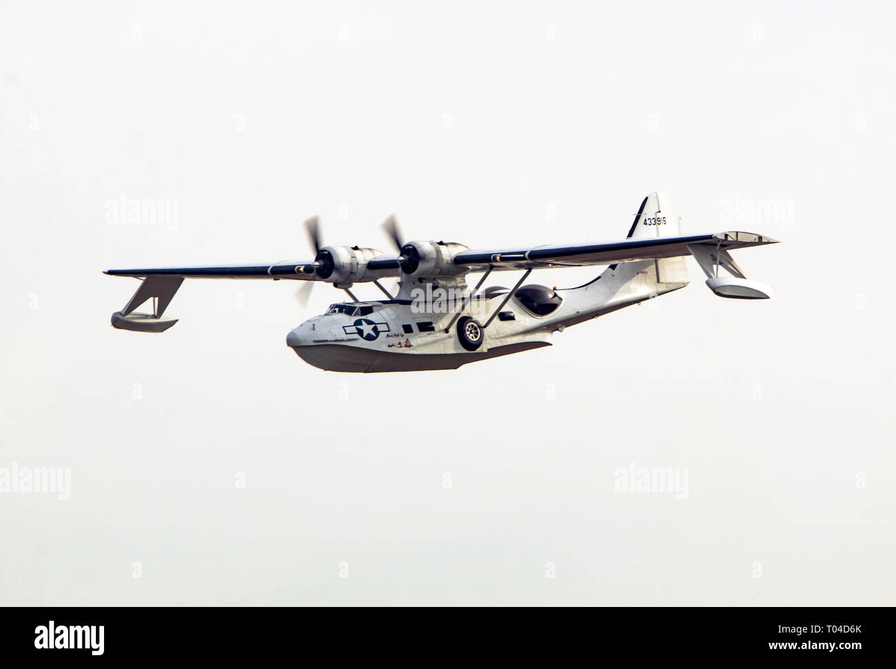 A Consolidated PBY-5A landing at Duxford airfield Stock Photo