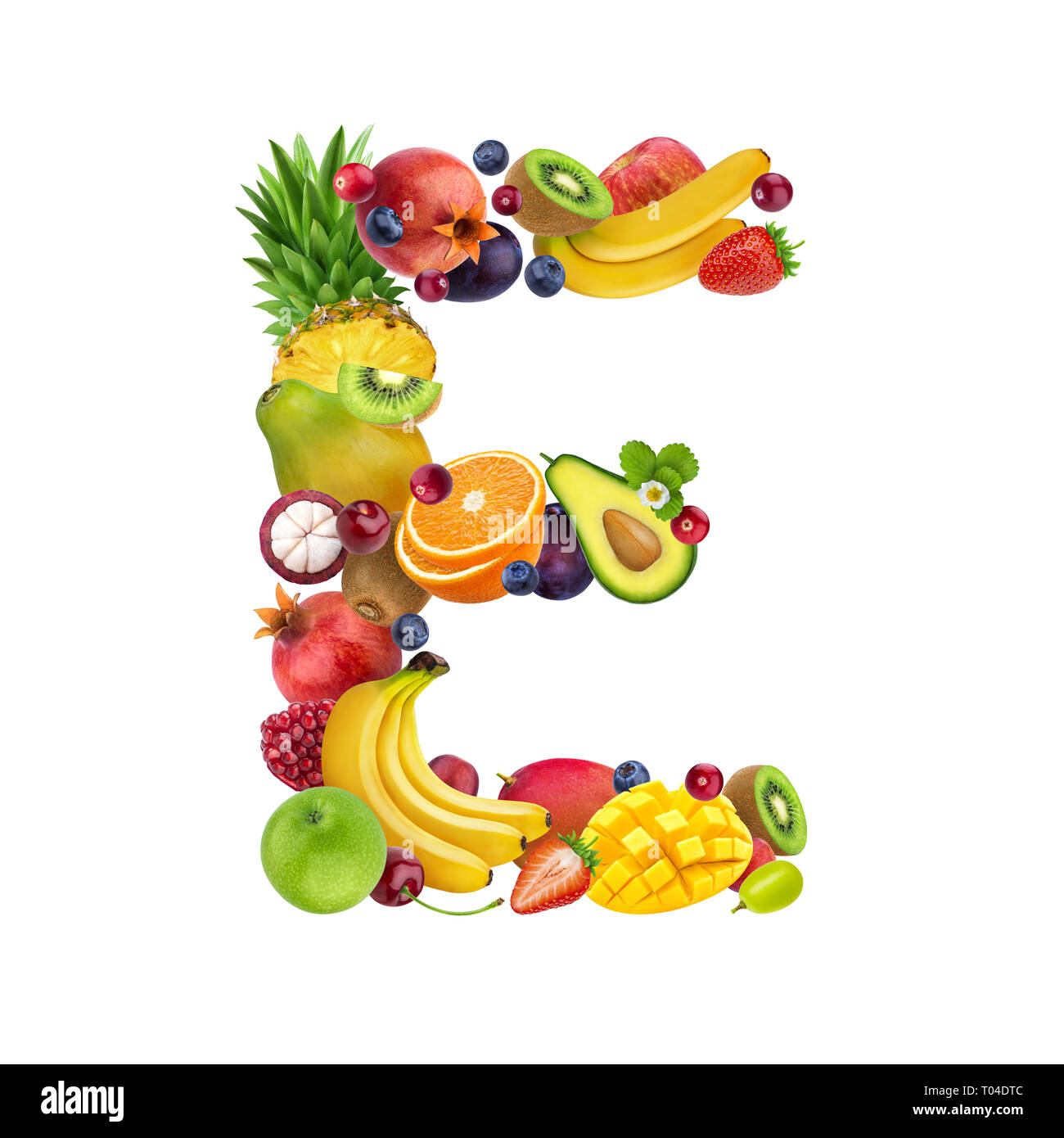 Letter E made of different fruits and berries, fruit font isolated on