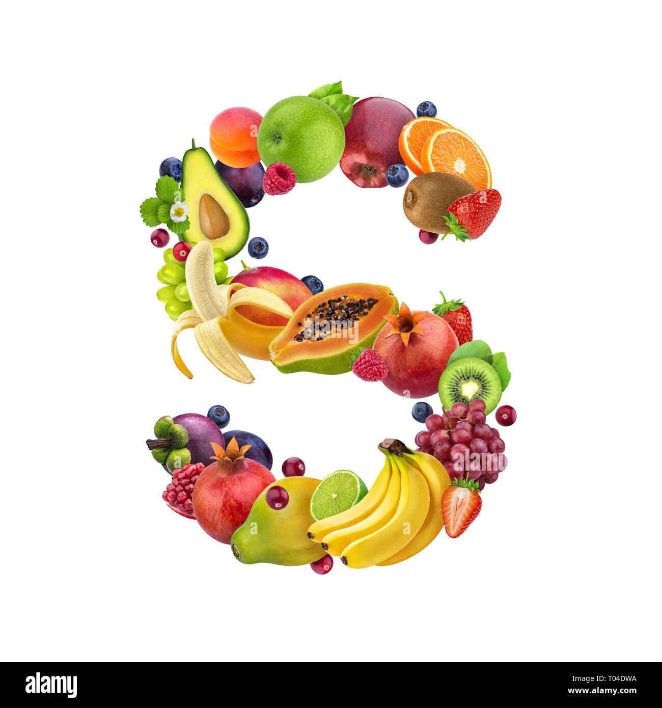 Letter S made of different fruits and berries, fruit font isolated on