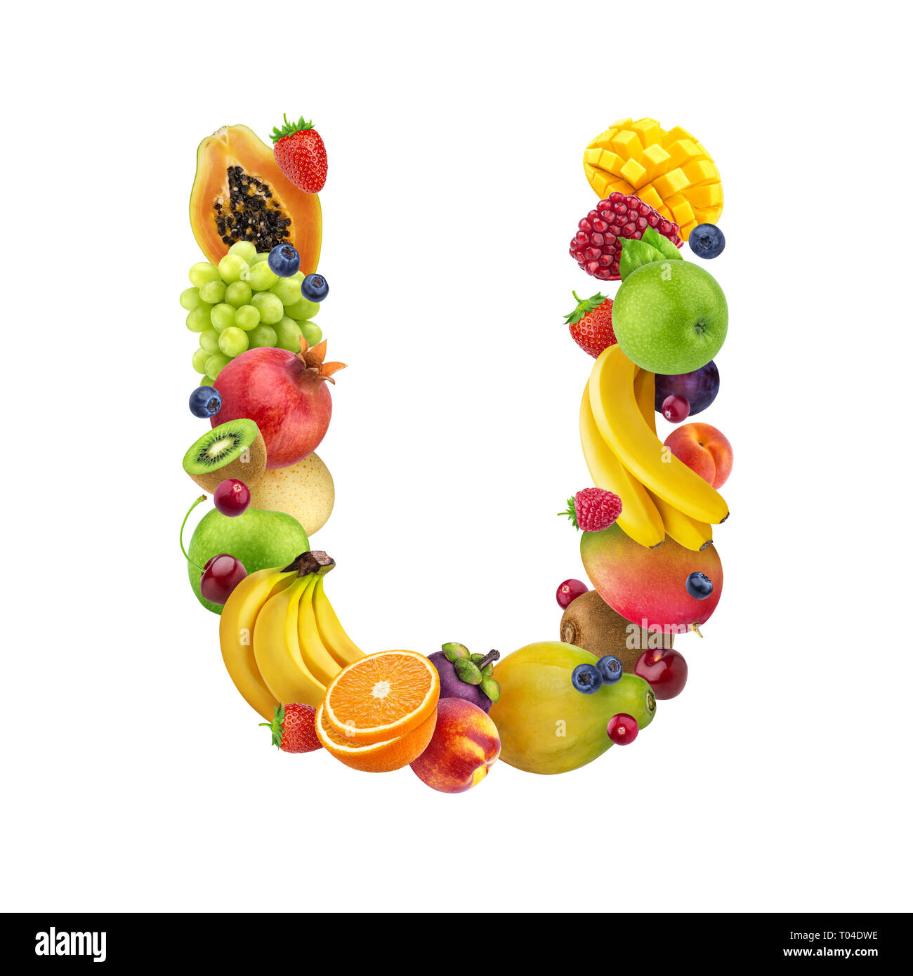 Letter U made of different fruits and berries, fruit font isolated on white background, healthy alphabet Stock Photo