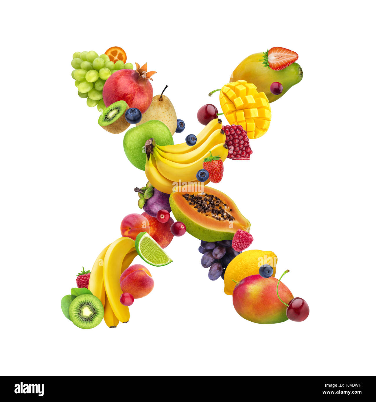 Letter - X made of different fruits and berries, fruit alphabet isolated on white background Stock Photo