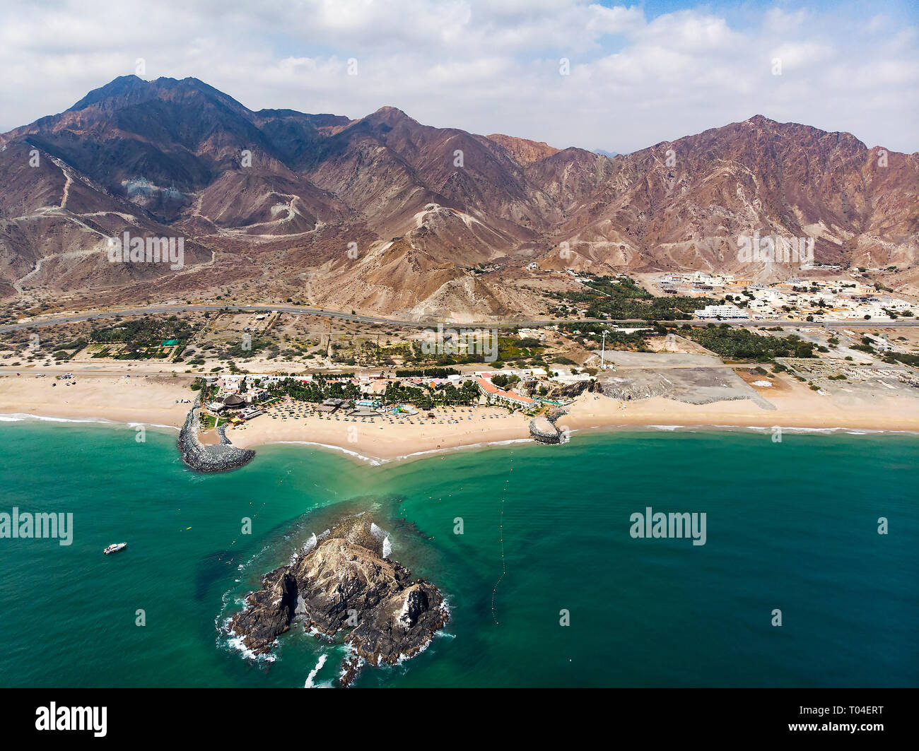 Fujairah sandy beach in the United Arab Emirates aerial view Stock Photo