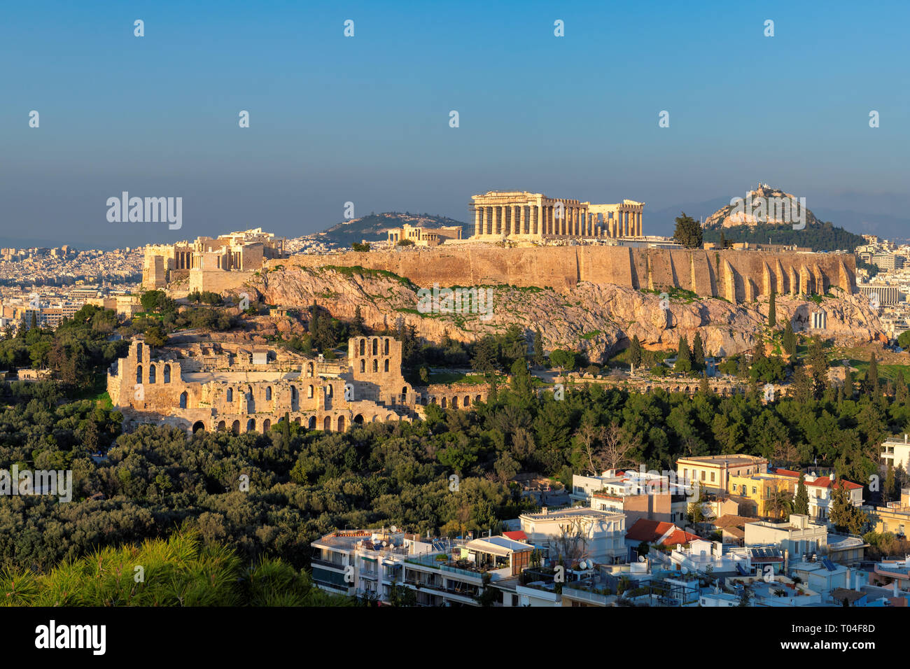 Acropolis of Athens at sunset, with the Parthenon Temple Stock Photo