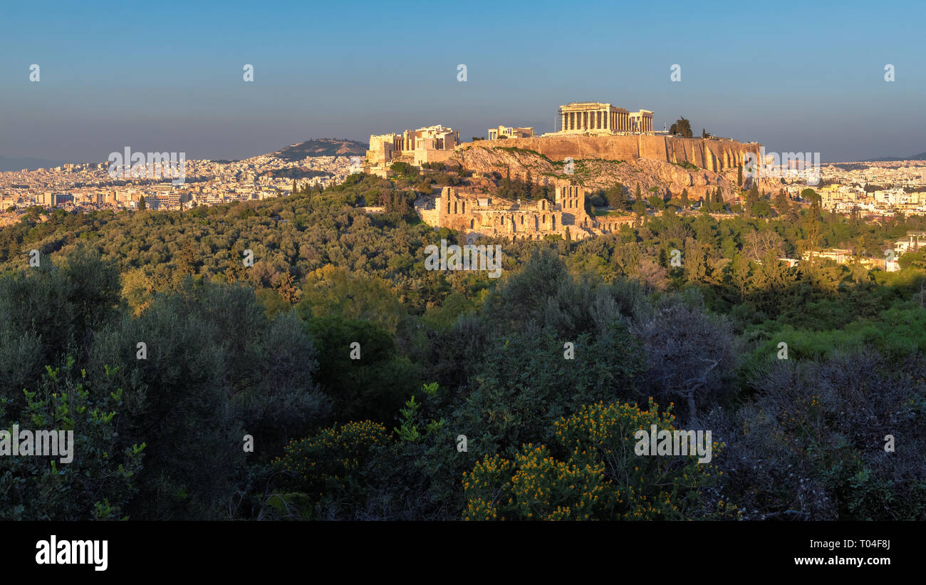 Acropolis hill of Athens at sunset, with the Parthenon Temple Stock Photo