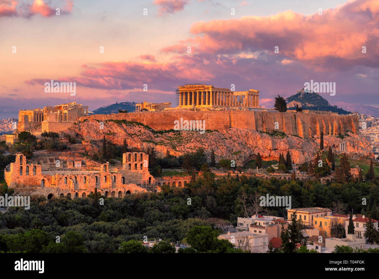 Acropolis at sunset, with the Parthenon Temple Stock Photo