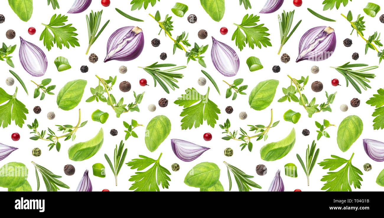 Different spices and herbs seamless pattern isolated on white background, top view Stock Photo