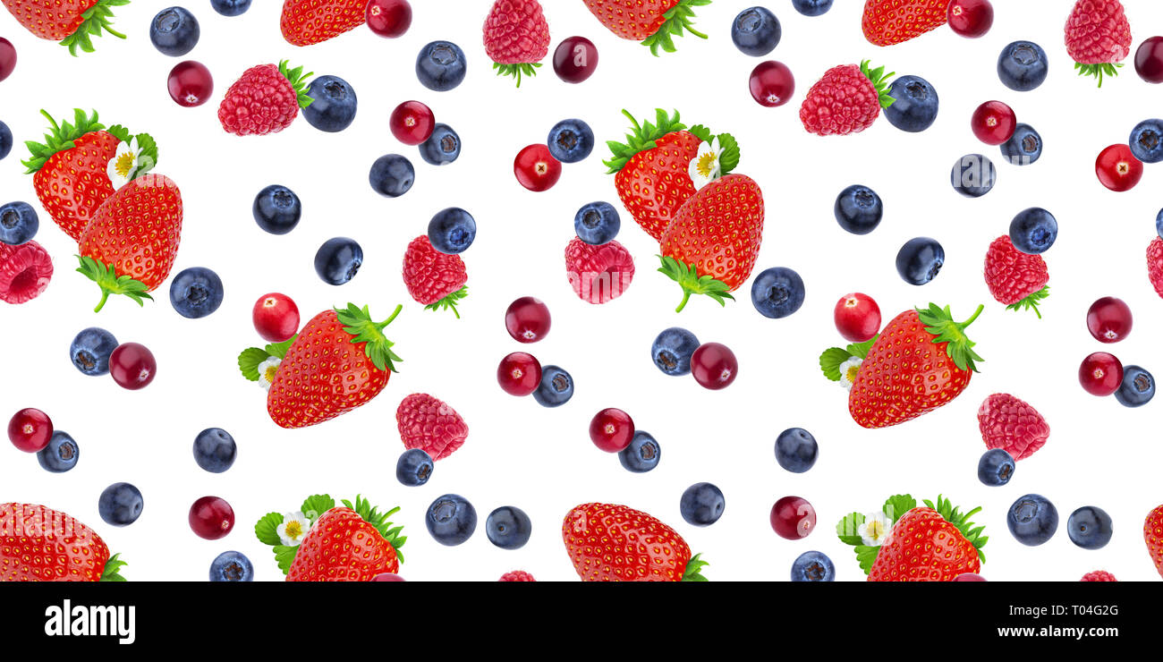Seamless pattern of flying berries isolated on white background with clipping path, different falling wild berry fruits Stock Photo