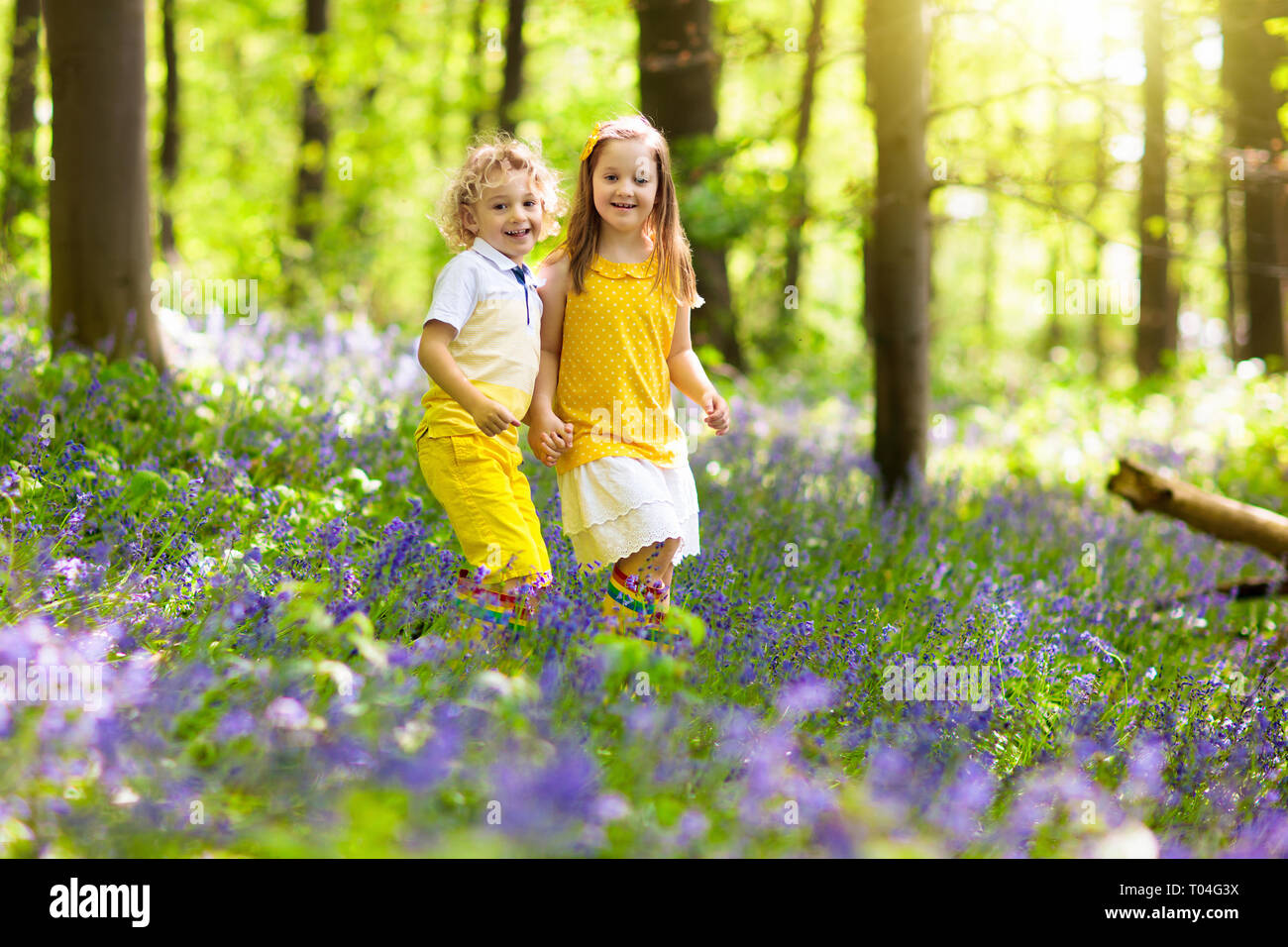 Playing In Spring Kids running in bluebell woods. Children play in spring park with wild ...