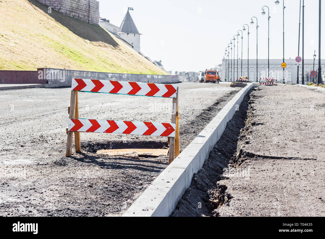 Road closed sign before the road construction near the Kazan Kremlin in Russia Stock Photo